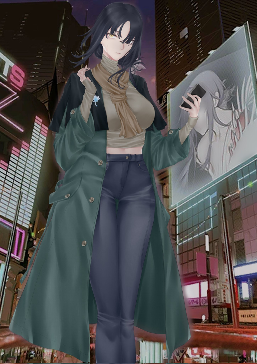 1girl, arm_up, black_hair, breasts, brown_scarf, cellphone, character_request, city