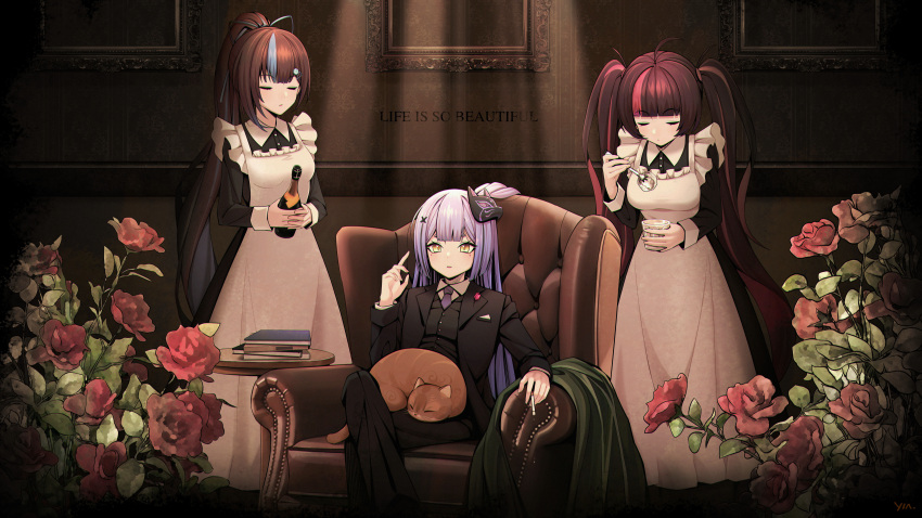 3girls, absurdres, alcohol, alternate_costume, animal_on_lap, apron, azusa_(vtuber), azusa_official