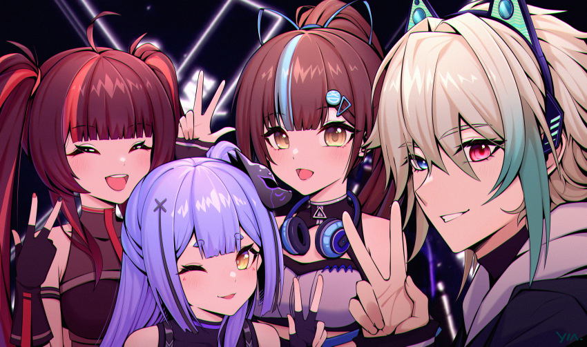 1boy, 3girls, :d, absurdres, ahoge, animal_ear_hairband, animal_ears, aza_(virtuareal)
