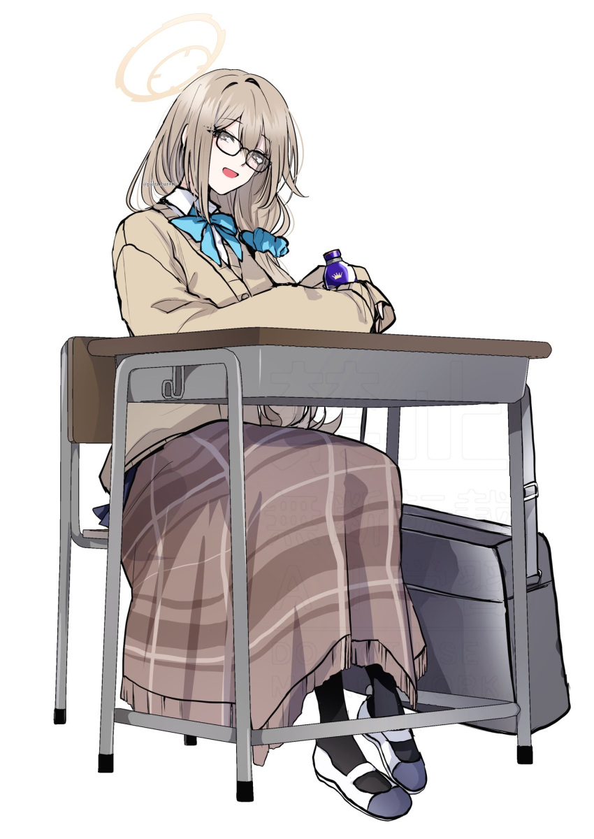 1girl, akane_(blue_archive), akane_(school_uniform)_(blue_archive), blonde_hair, blue_archive, brown_cardigan, brown_halo, cardigan