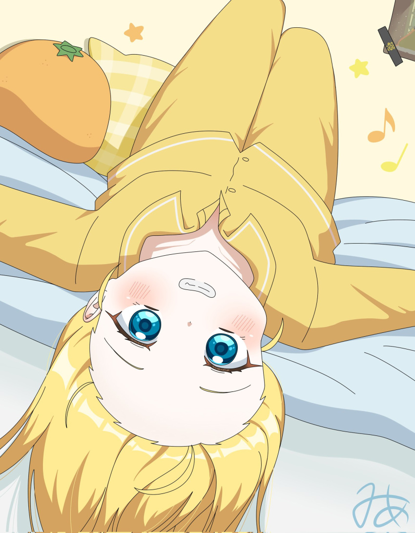 1girl, 5mime5, blonde_hair, blue_eyes, blush, collarbone, collared_pajamas, collared_shirt