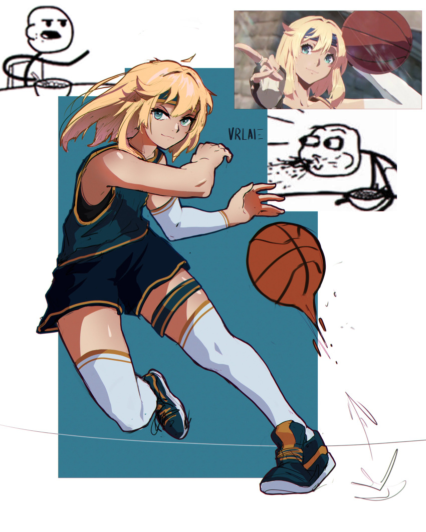 1girl, :3, absurdres, arm_warmers, artist_name, ball, bare_shoulders, basketball, basketball_(object), basketball_jersey, basketball_uniform, blonde_hair, blue_background, blue_eyes, bridget_(guilty_gear), cereal_guy_(meme), commentary, dribbling_(basketball), english_commentary, full_body, game_screenshot_inset, guilty_gear, guilty_gear_strive, highres, inset, jewelry, long_hair, meme, playing_sports, shoes, shorts, signature, single_arm_warmer, smile, sneakers, sportswear, thigh-highs, thighlet, vrlaie, white_thighhighs