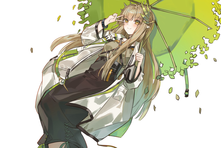 1girl, absurdres, arknights, arm_up, blonde_hair, brown_skirt, closed_mouth, coat