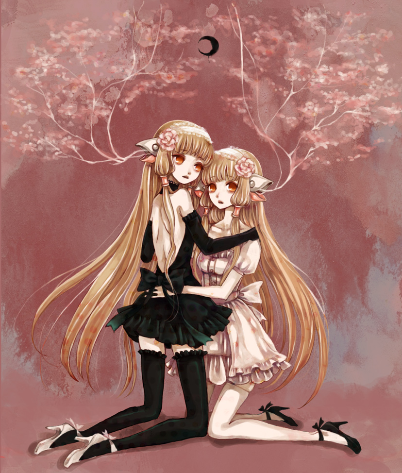 animal_ears, back, bare_back, black_&amp;_white, black_dress, black_legwear, black_moon, black_thighhighs, black_vs_white, branch, cherry_blossoms, chii, chobits, choker, clona, crescent_moon, dress, elbow_gloves, flower, freya, freya_(chobits), gloves, hair_flower, hair_ornament, hairband, hand_on_shoulder, high_heels, hug, kneeling, long_hair, moon, multiple_girls, orange_eyes, pink_dress, shoes, siblings, sisters, thigh-highs, thighhighs, twins, white_legwear, white_thighhighs, zettai_ryouiki