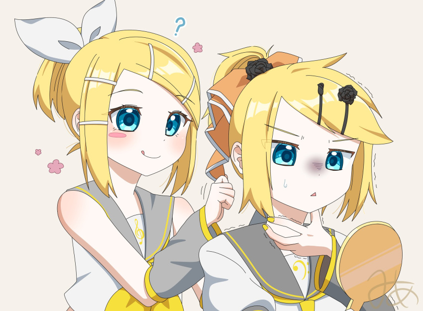 1boy, 1girl, 5mime5, ?, adjusting_another's_hair, aku_no_musume_(vocaloid), bare_shoulders, bass_clef, black_flower, black_rose, blue_eyes, blush_stickers, bow, cosplay, crop_top, detached_sleeves, evillious_nendaiki, flower, grey_sailor_collar, grey_sleeves, hair_bow, hair_flower, hair_ornament, hairclip, hairdressing, hand_mirror, high_ponytail, highres, holding, holding_mirror, kagamine_len, kagamine_rin, mirror, neckerchief, necktie, orange_bow, riliane_lucifen_d'autriche, riliane_lucifen_d'autriche_(cosplay), rose, sailor_collar, shirt, short_ponytail, sidelocks, sleeveless, sleeveless_shirt, smile, sweatdrop, swept_bangs, tareme, tongue, treble_clef, trembling, triangle_mouth, tsurime, updo, v-shaped_eyebrows, vocaloid, yellow_nails, yellow_neckerchief, yellow_necktie