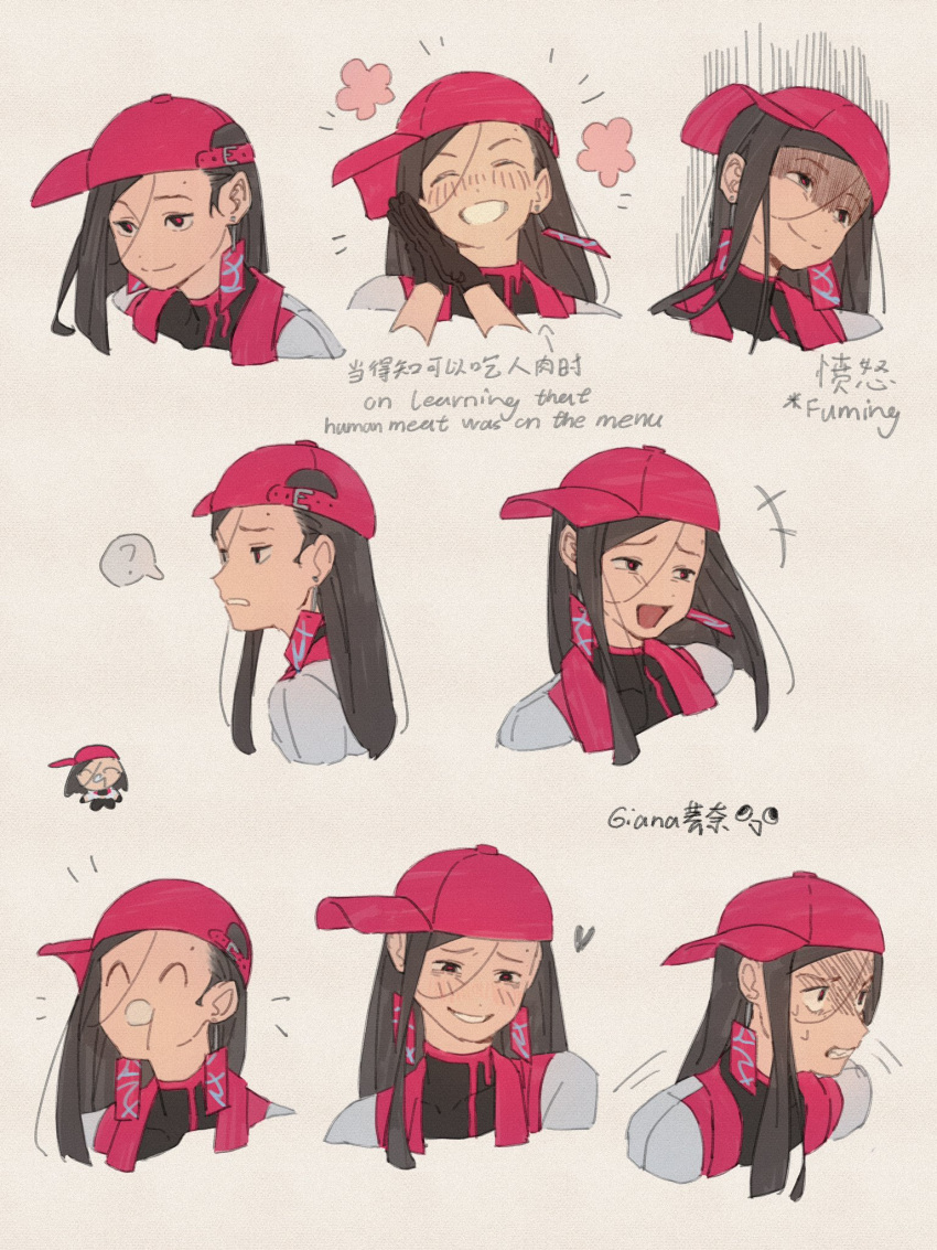 1girl, ?, ^_^, ^q^, artist_name, backwards_hat, baseball_cap, black_eyes