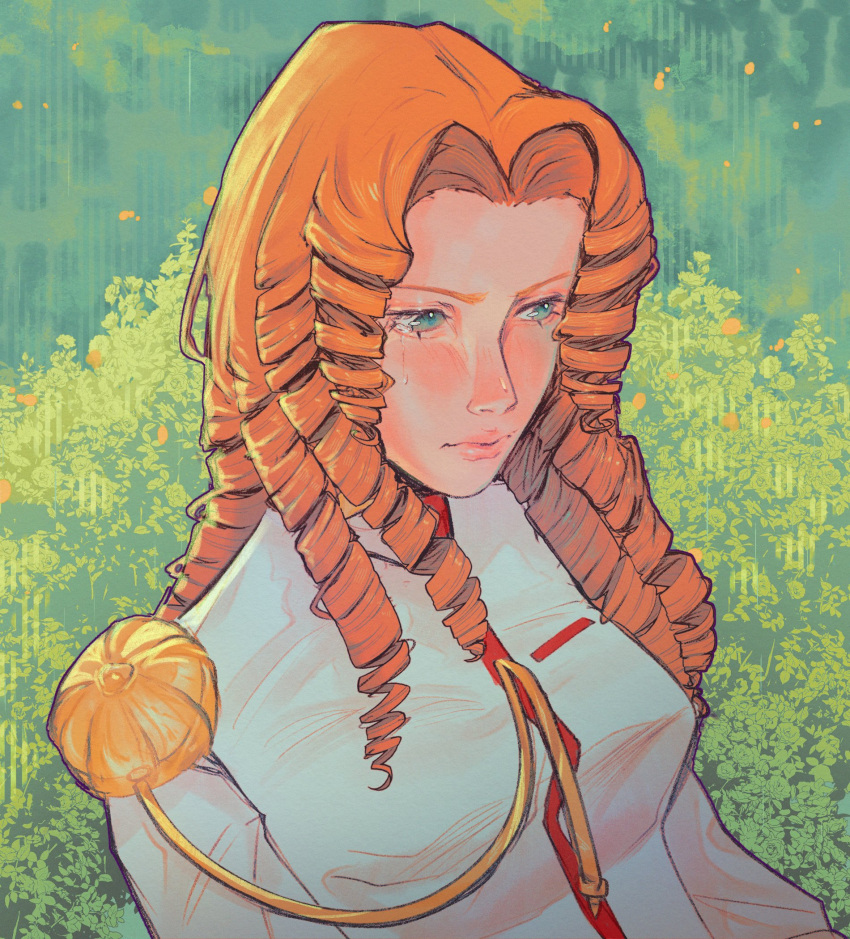 1girl, arisugawa_juri, curtained_hair, green_background, green_eyes, highres, lips, middle_part