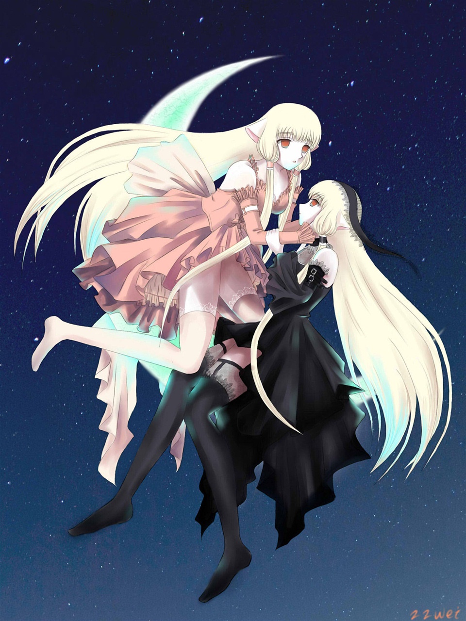 bad_id, bare_shoulders, black_dress, black_legwear, black_thighhighs, blonde_hair, chii, chobits, crescent_moon, dress, empty_eyes, floating, freya, freya_(chobits), frills, gothic, gothic_lolita, hairband, hand_on_cheek, hands_on_another's_cheeks, hands_on_another's_face, highres, lolita_fashion, long_hair, moon, moonlight, multiple_girls, night, night_sky, pink_dress, profile, siblings, signature, sisters, sky, thigh-highs, thighhighs, wrist_grab, zzwei