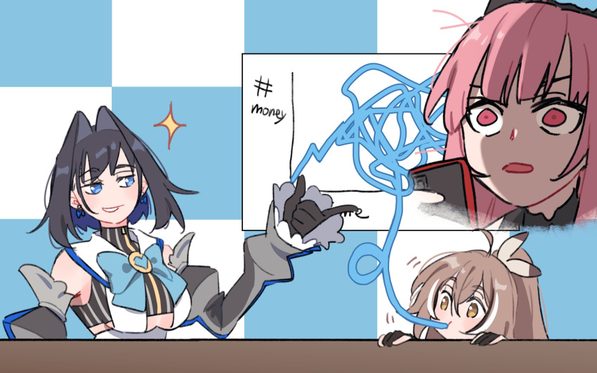 3girls, ahoge, anco_(platanity), black_gloves, black_hair, blue_eyes, blue_hair, bow, bow_earrings, breasts, brown_eyes, brown_hair, cartesian_chart, clothing_cutout, detached_sleeves, dress, earrings, feather_hair_ornament, feathers, gloves, graph, graph_(object), hair_intakes, hair_ornament, heart-shaped_gem, highres, holding, hololive, hololive_english, jewelry, kronii_coin_(meme), large_breasts, long_hair, meme, mori_calliope, mori_calliope_(1st_costume), multicolored_hair, multiple_girls, nanashi_mumei, nanashi_mumei_(1st_costume), open_mouth, ouro_kronii, ouro_kronii_(1st_costume), pink_eyes, pink_hair, ponytail, ribbon_earrings, shirt, short_hair, smile, streaked_hair, tiara, underboob_cutout, very_long_hair, virtual_youtuber, white_hair