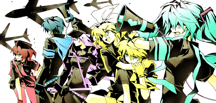 2boys, 4girls, absurdres, aqua_hair, blonde_hair, blue_eyes, blue_hair, hat