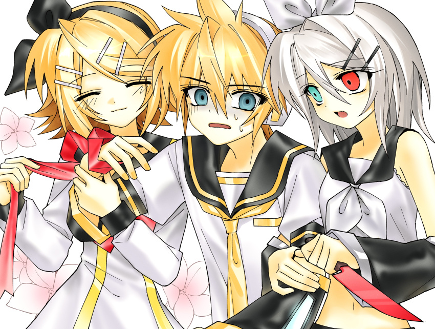 1boy, 2girls, absurdres, blonde_hair, blue_eyes, blush, detached_sleeves, heterochromia