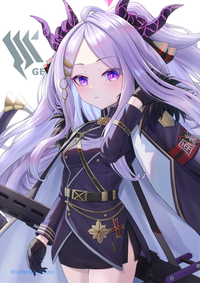 1girl, ahoge, armband, belt, black_belt, black_coat, black_gloves, black_skirt