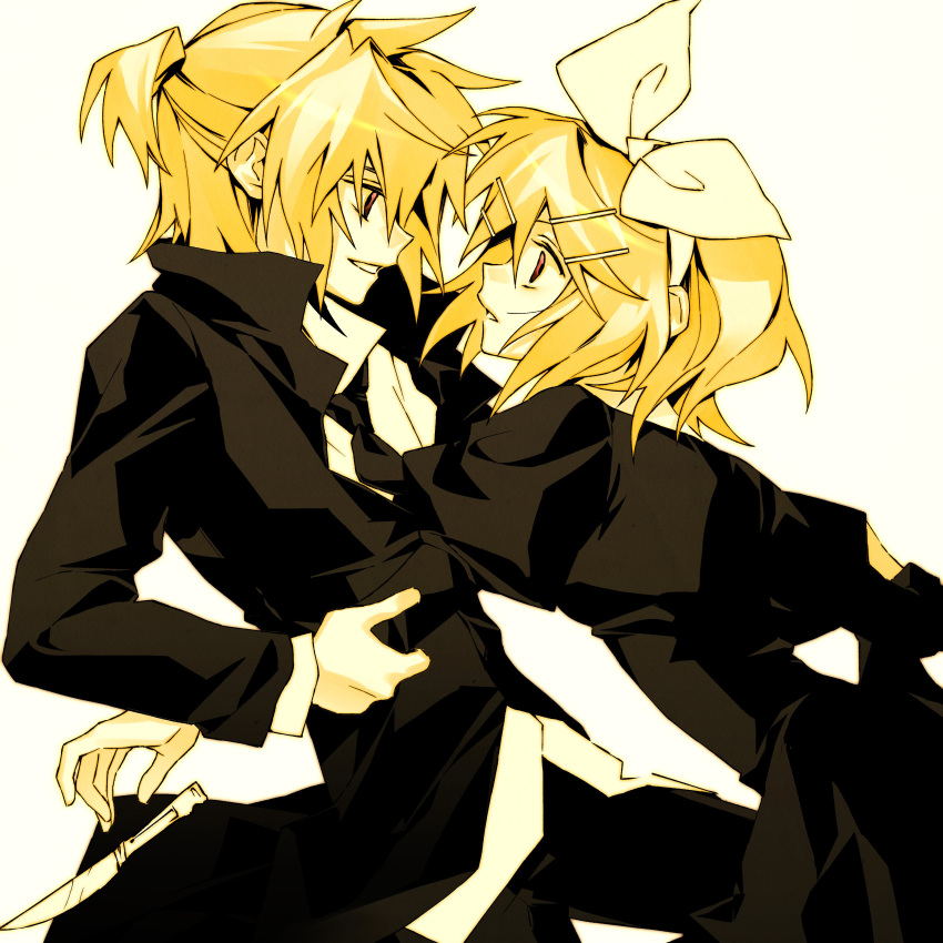 1boy, 1girl, absurdres, black_necktie, blonde_hair, hair_ornament, hairclip, highres