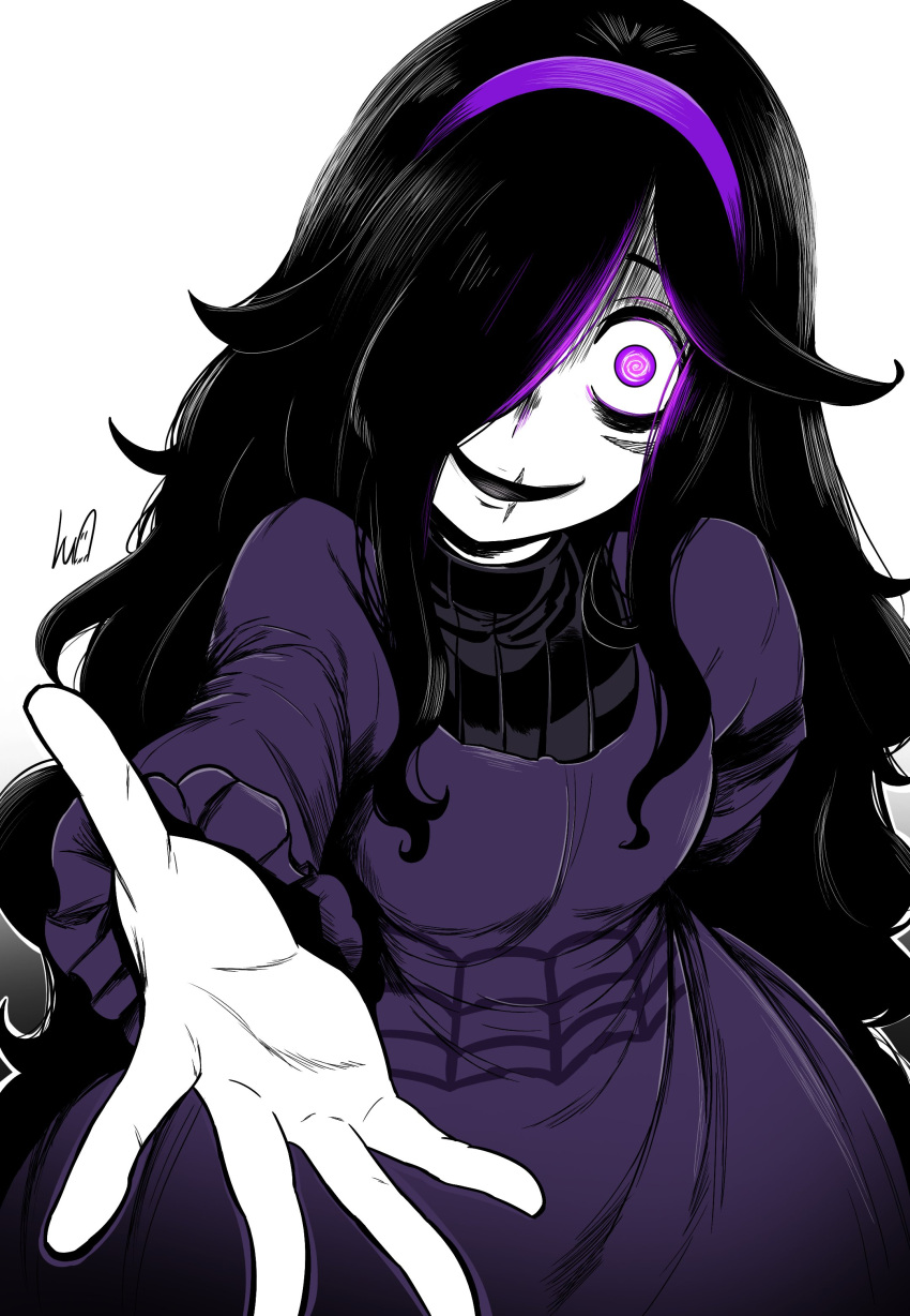 1girl, @_@, absurdres, ahoge, bags_under_eyes, black_hair, breasts, commentary