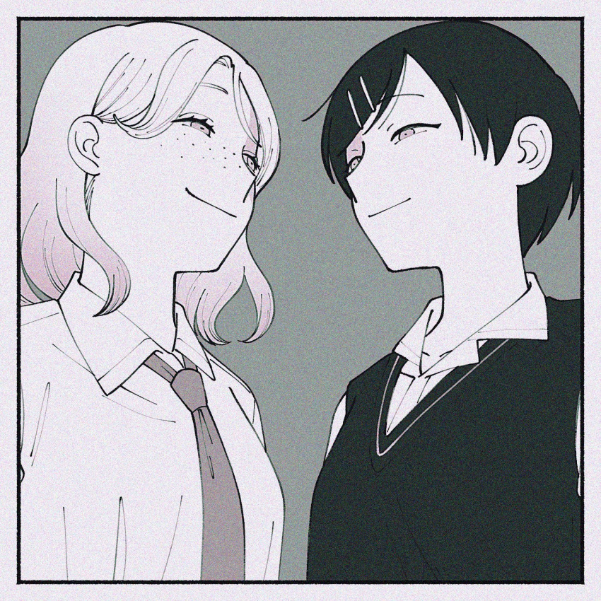 2girls, border, closed_mouth, collared_shirt, commentary, confrontation, dress_shirt, eye_contact