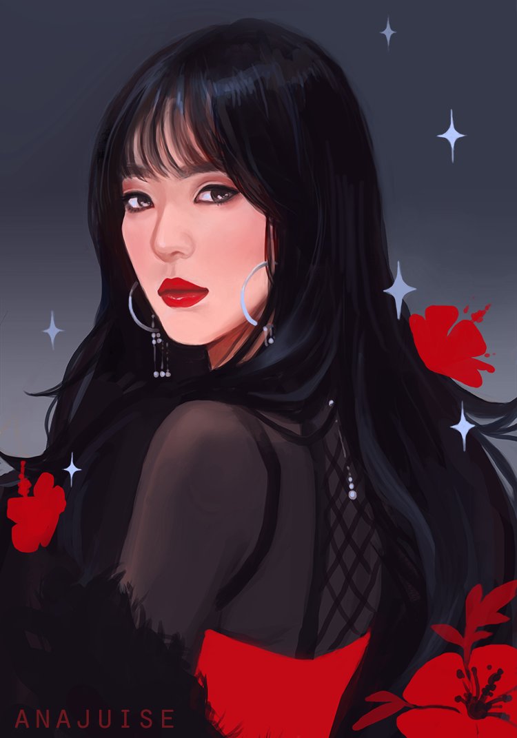 1girl, anajuise, artist_name, blunt_bangs, closed_mouth, commission, earrings, eyeshadow