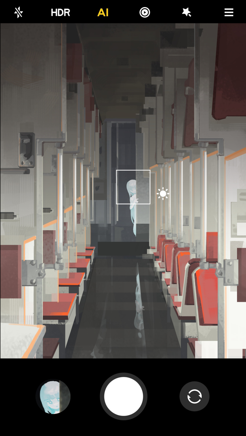 1girl, absurdres, cellphone_photo, chise_huixing_denixi, hiding, highres, original, russian_railways, scenery, train_interior, user_interface, viewfinder