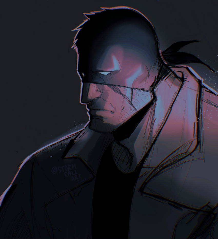 1boy, beard_stubble, broad_shoulders, coat, dark_background, facial_hair, highres, knuckleduster_(boku_no_hero_academia), male_focus, mask, mature_male, partially_colored, sad, short_hair, simple_background, solo, stormcallart, stubble, very_short_hair, vigilante_-boku_no_hero_academia:_illegals-
