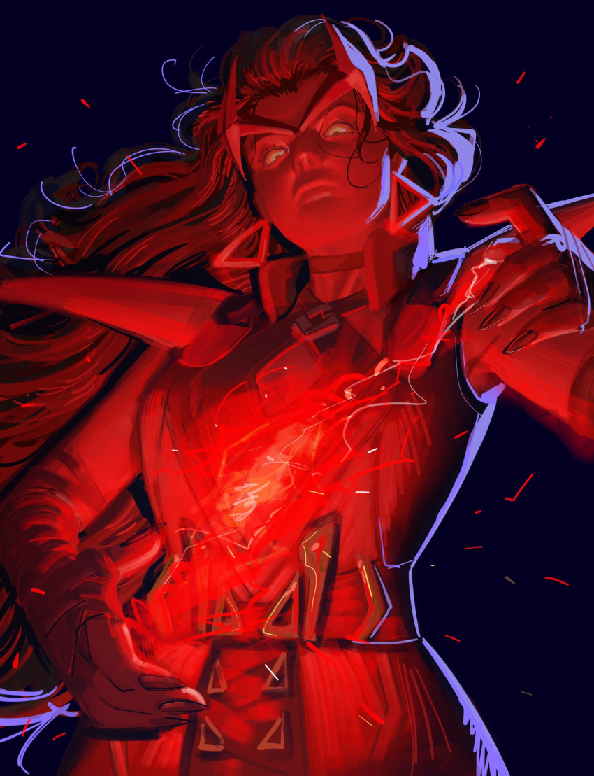 1girl, bare_shoulders, belt, choker, closed_mouth, cowboy_shot, dress, drugsandsocks, earrings, elbow_gloves, english_commentary, fingerless_gloves, fingernails, gloves, hands_up, highres, jewelry, lips, long_fingernails, long_hair, looking_at_viewer, magic, marvel, marvel_rivals, mask, mask_on_head, nail_polish, scarlet_witch, simple_background, sleeveless, sleeveless_dress, solo, standing, triangle_earrings, wanda_maximoff, wavy_hair