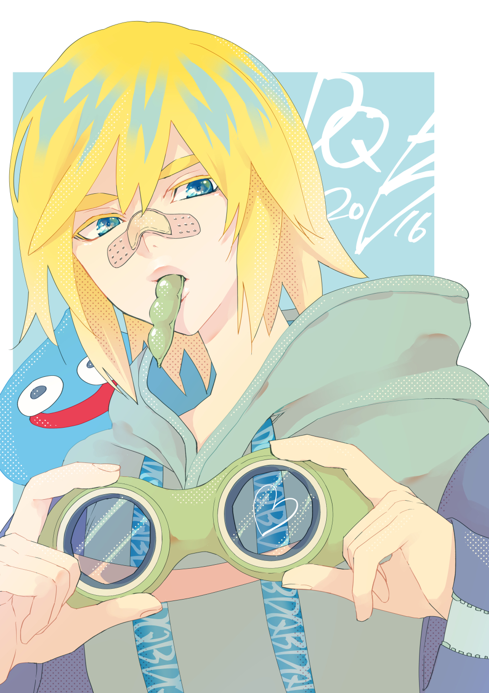 1boy, 1other, 2016, alternate_costume, androgynous, aqua_hoodie, bandaid, bandaid_on_face