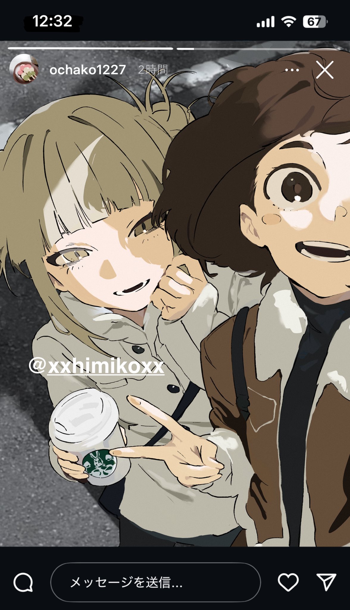 2girls, blonde_hair, blunt_bangs, boku_no_hero_academia, brown_hair, brown_jacket, character_name, cup