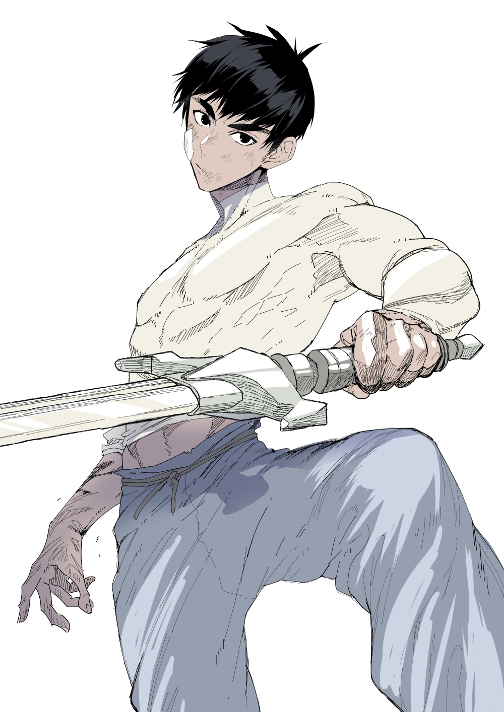 1boy, alternate_costume, bandage_on_cheek, black_eyes, black_hair, blue_pants, collarbone, commentary_request