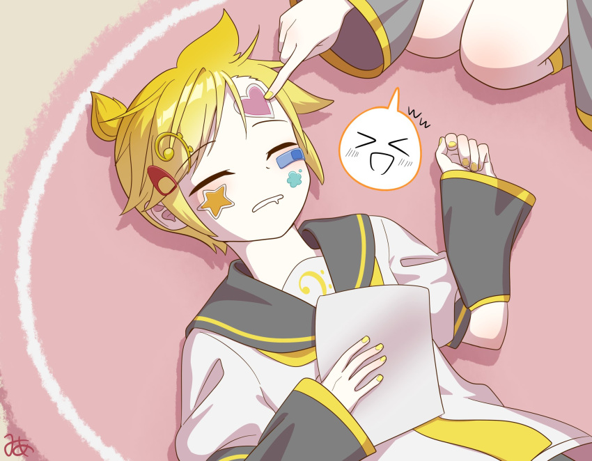 >_<, 1boy, 1girl, 5mime5, :d, ahoge, bandaid, bandaid_on_cheek