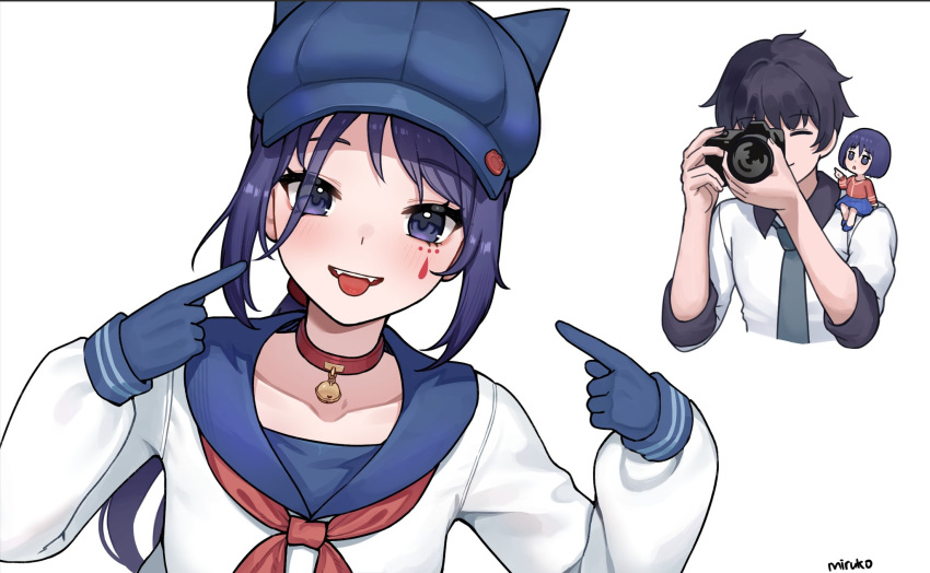 1boy, 1girl, artist_name, blue_eyes, blue_gloves, blue_hair, blue_hat, blue_sailor_collar