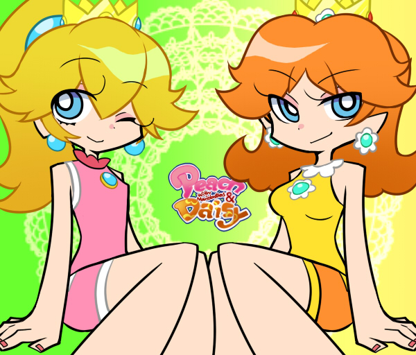 blonde_hair, blue_eyes, crown, earrings, fukumitsu_(kirarirorustar), jewelry, kirariroru_star, multiple_girls, nintendo, orange_hair, panty_&amp;_stocking_with_garterbelt, parody, ponytail, princess_daisy, princess_peach, shorts, style_parody, super_mario, super_mario_bros., wink