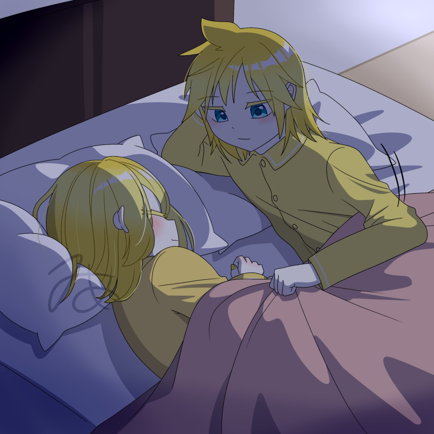 1boy, 1girl, 5mime5, ahoge, blonde_hair, blue_eyes, boy, collared_pajamas, collared_shirt, colored_eyelashes, elbow_rest, hair_down, half-closed_eyes, head_rest, highres, kagamine_len, kagamine_rin, light_blush, looking_at_another, lying, on_bed, on_side, pajamas, pillow, shirt, sleeping, smile, under_covers, vocaloid, yellow_nails, yellow_pajamas