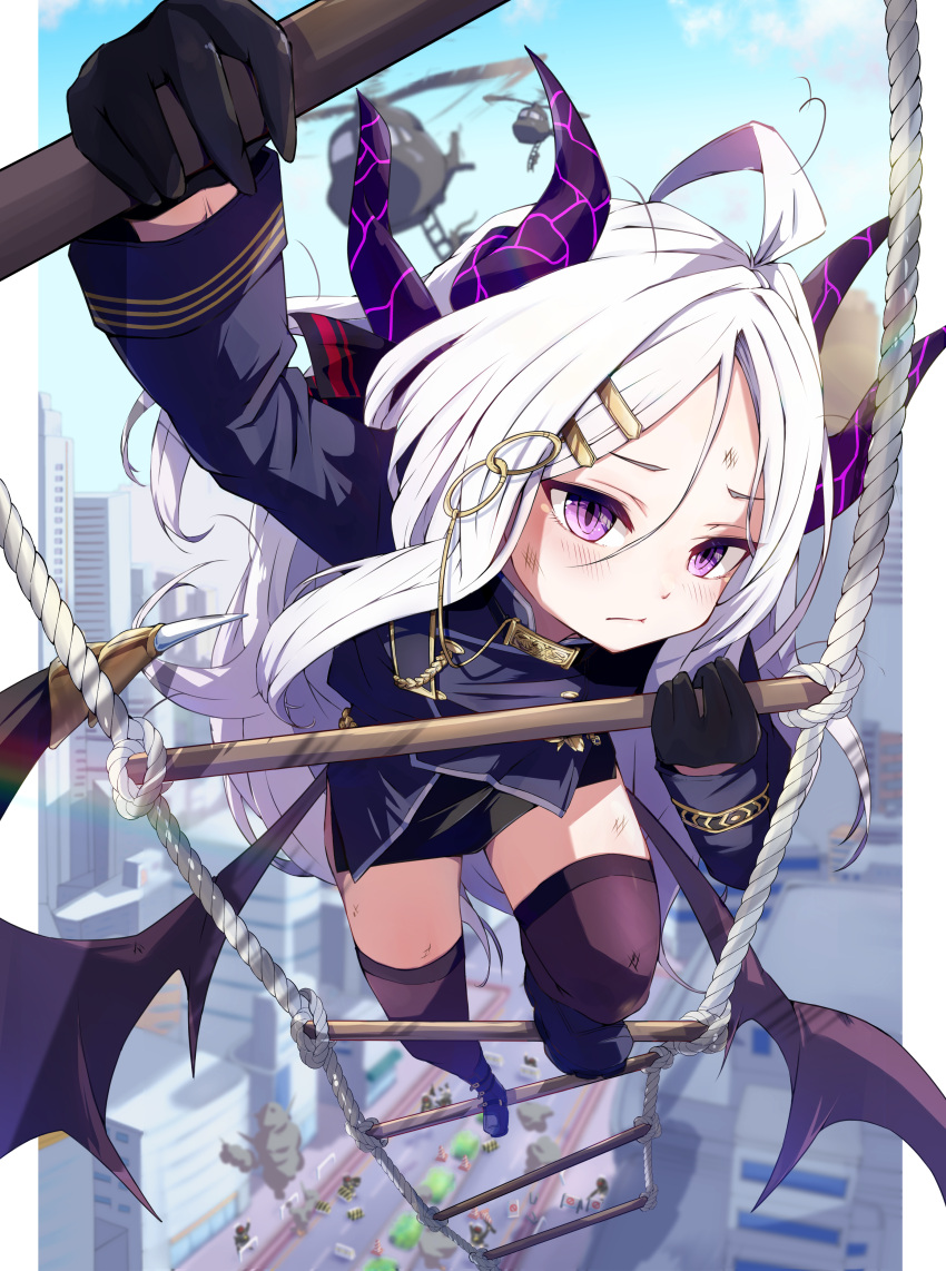1girl, absurdres, aircraft, black_coat, black_footwear, black_gloves, black_skirt, black_thighhighs