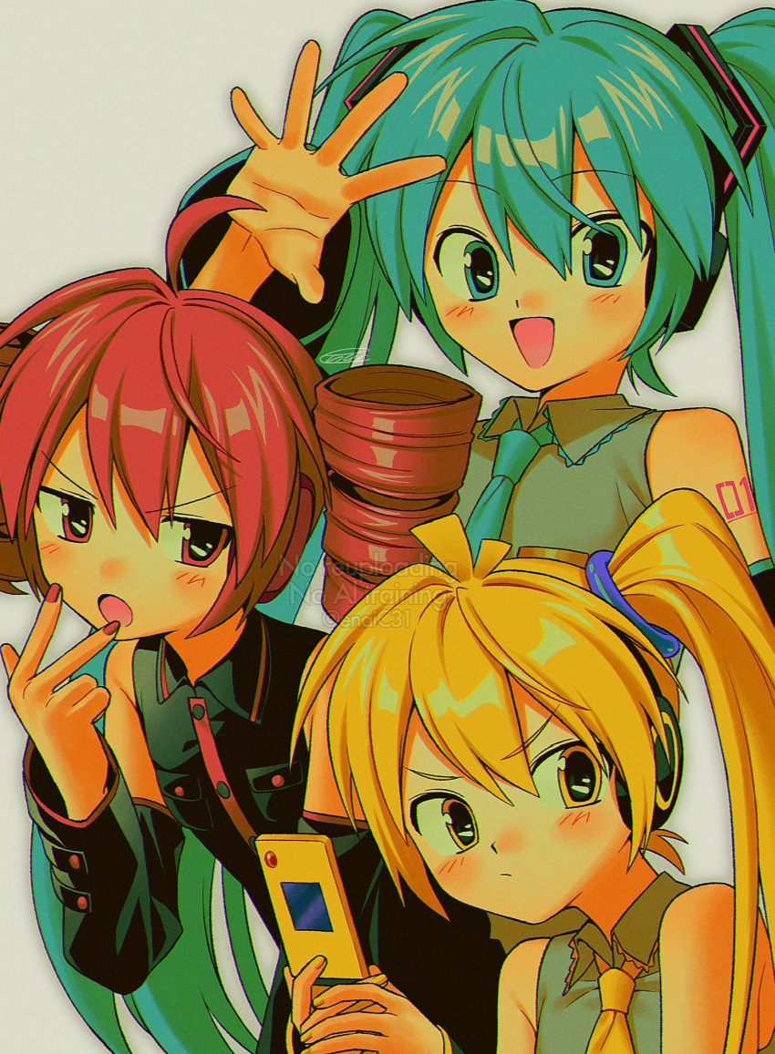 3girls, ahoge, akita_neru, aqua_eyes, aqua_hair, aqua_necktie, aqua_trim, bare_shoulders