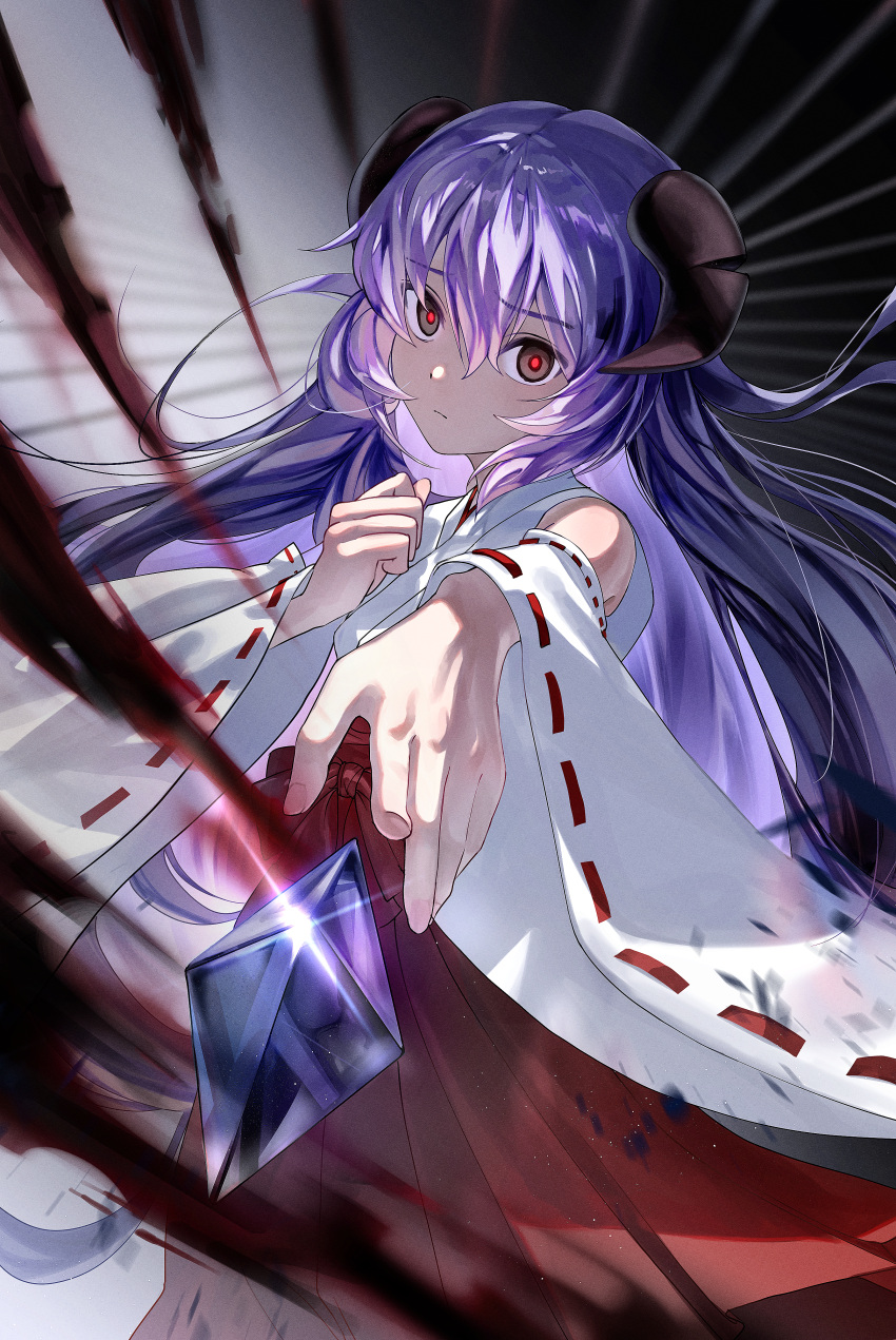 1girl, absurdres, black_eyes, black_horns, closed_mouth, commentary, crystal, curled_horns