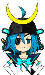 >:), 1girl, antenna_hair, armor, bad_source, black_helmet, blue_bow, blue_bowtie