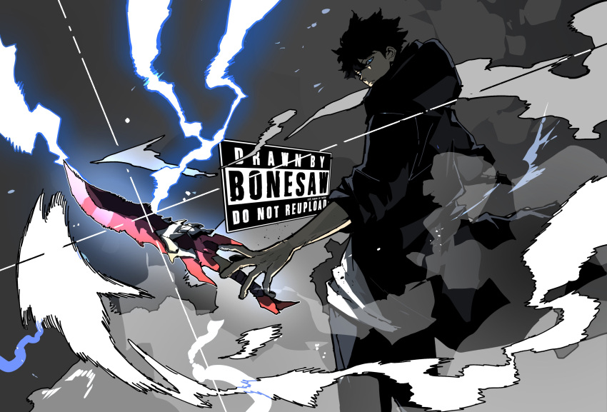 1boy, absurdres, artist_name, black_hair, black_jacket, black_pants, blue_eyes, bonesaw_(rdkshinku)