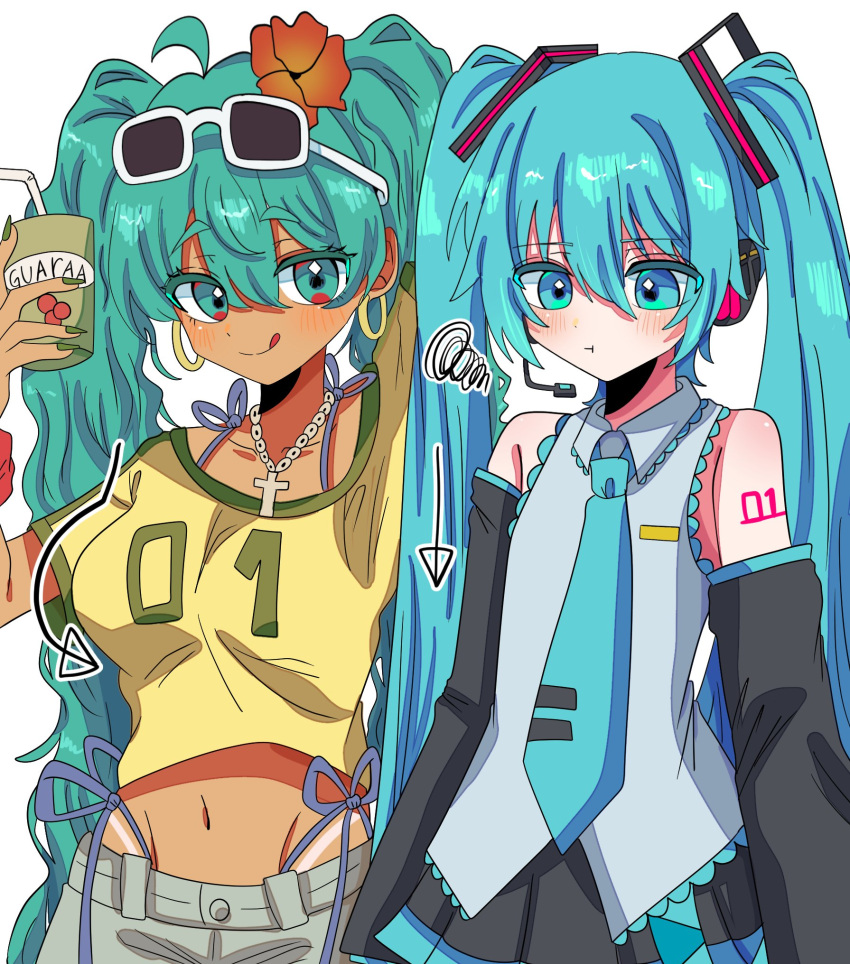 2girls, :q, ahoge, aqua_eyes, aqua_hair, aqua_necktie, aqua_trim, bare_shoulders