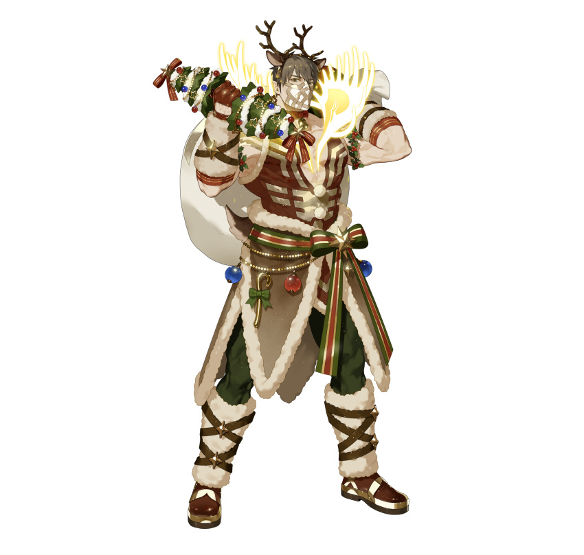 1boy, absurdres, animal_ears, antlers, brown_eyes, brown_hair, commentary_request, deer_boy