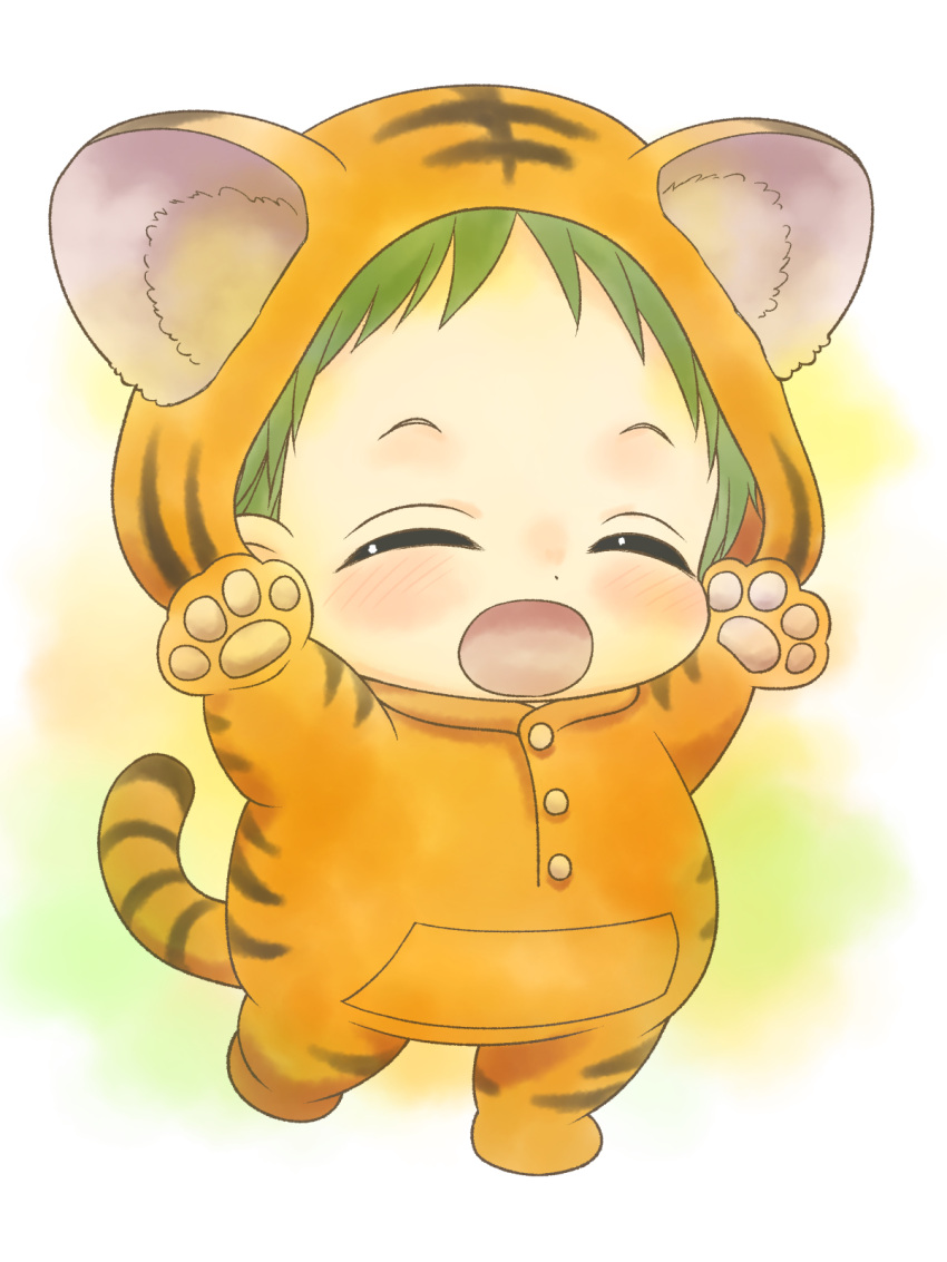 1boy, :d, animal_costume, animal_print, blush, child, closed_eyes, full_body