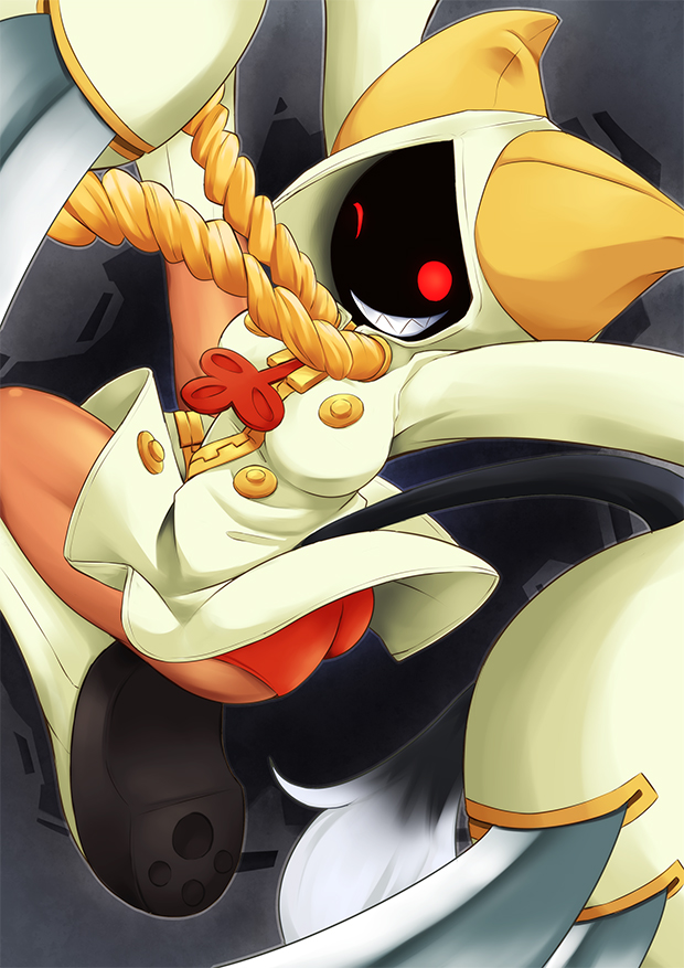 claws, crombaster, hood, hoodie, red_eyes, taokaka, wink