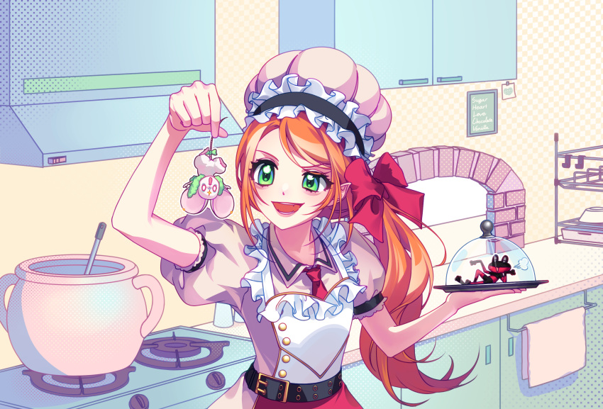 1girl, animal, belt, blanca_(sugar_sugar_rune), bow, chef_hat, chocolat_meilleure, commentary