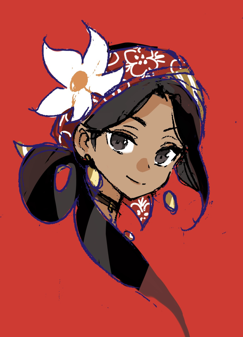 1girl, brown_eyes, brown_hair, dark-skinned_female, dark_skin, flower, funuyu, hair_flower