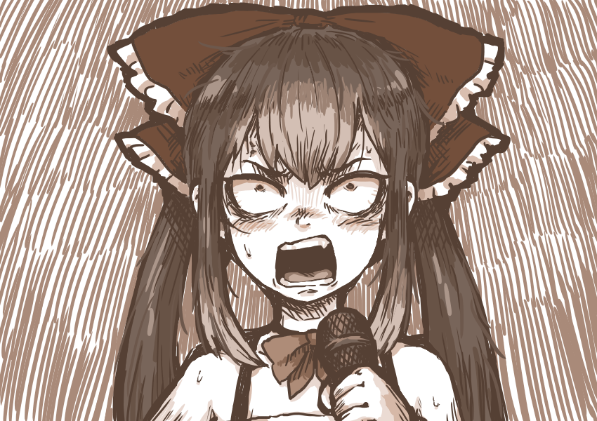 1girl, angry, bloodshot_eyes, bow, bowtie, brown_theme, bseibutsu, constricted_pupils