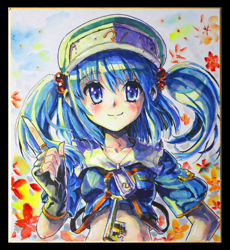 adapted_costume, bad_id, blue_eyes, blue_hair, bust, crop_top, hair_bobbles, hair_ornament