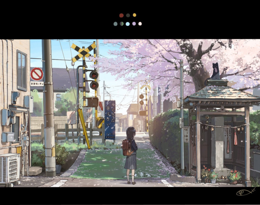 1girl, backpack, bag, black_cat, black_shirt, black_skirt, blue_sky, braid, brown_bag, brown_footwear, cat, cherry_blossoms, cherry_tree, child, color_guide, condenser_unit, day, falling_petals, fence, flower_pot, hedge, house, letterboxed, long_hair, looking_at_animal, original, outdoors, petals, plant, potted_plant, railroad_crossing, sailor_collar, sailor_shirt, scenery, school_bag, school_uniform, serafuku, shirt, sign, skirt, sky, socks, solo, standing, totsu, tree, twin_braids, utility_pole, white_socks, wide_shot, wooden_fence