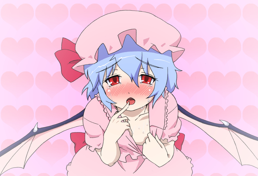 bat_wings, blue_hair, blush, hat, highres, matatabeat, red_eyes, remilia_scarlet