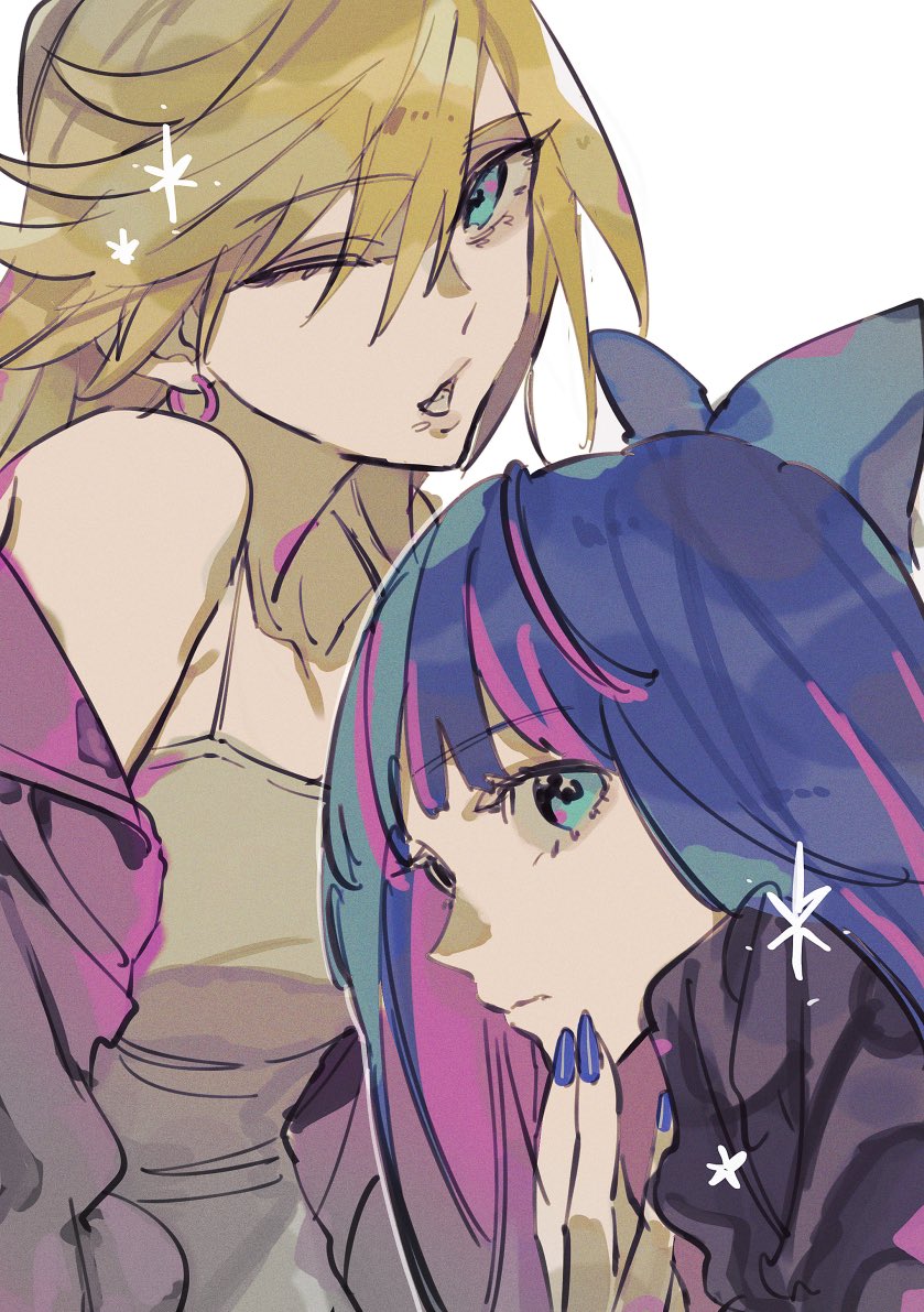 2girls, blonde_hair, blue_eyes, blue_hair, blue_nails, blunt_bangs, bow, commentary_request, dress, earrings, hair_bow, jacket, jewelry, mckrs, multiple_girls, one_eye_closed, panty_&amp;_stocking_with_garterbelt, panty_(psg), pink_jacket, pink_streaks, simple_background, single_bare_shoulder, sparkle, stocking_(psg), white_background