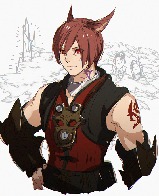 1boy, archon_mark, arm_tattoo, cropped_torso, facial_mark, final_fantasy, final_fantasy_xiv, g'raha_tia