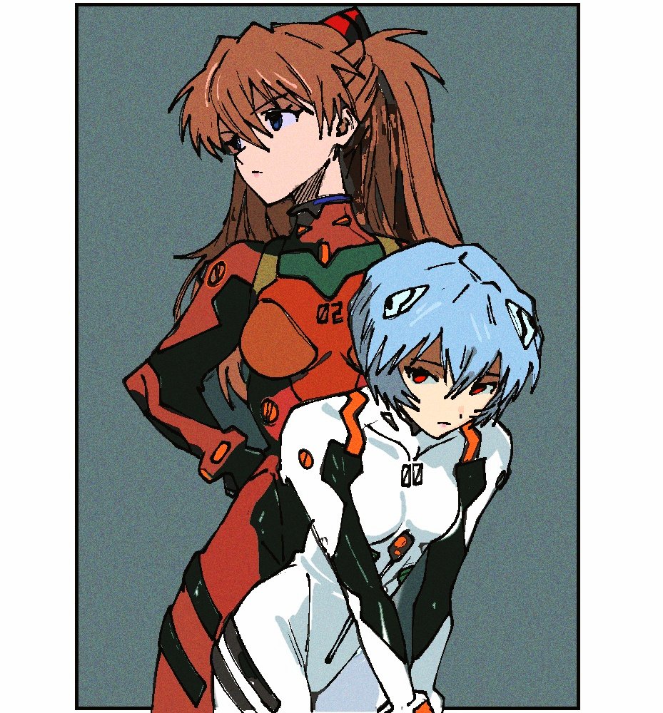 2girls, ayanami_rei, bent_over, blue_eyes, blue_hair, bodysuit, border, breasts