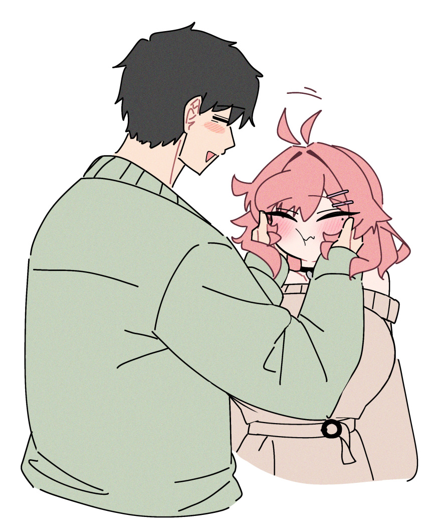 1boy, 1girl, absurdres, ahoge, black_hair, blush, breasts, choker, green_sweater, hair_ornament, hair_wagging, hairclip, height_difference, hetero, highres, huge_breasts, kozakura_men, long_sleeves, medium_hair, mole, mole_under_eye, original, pink_hair, saono_yakuhito, short_hair, simple_background, smile, sweater, warabi_mochi_(w4rabimochi), white_background