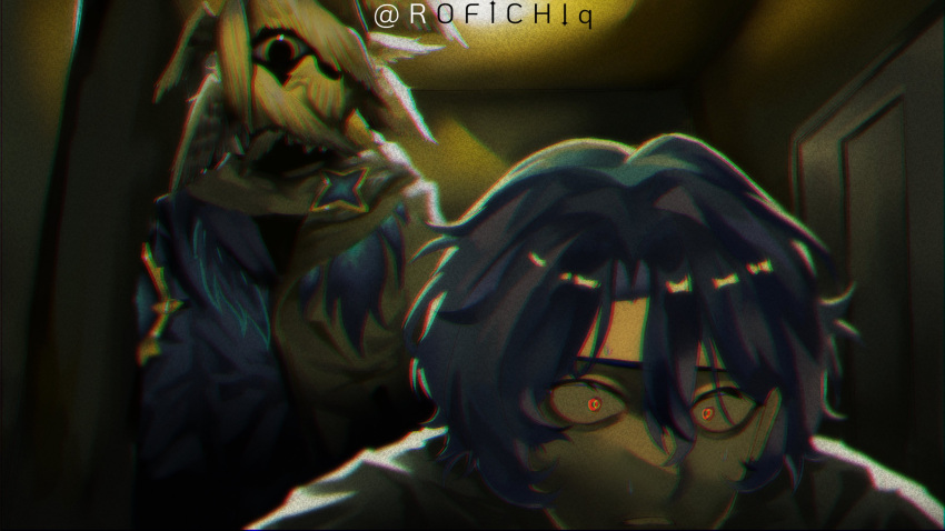 2boys, absurdres, angel, biblically_accurate_angel, blue_hair, dark_background, dr._ratio_(honkai:_star_rail), feathered_wings